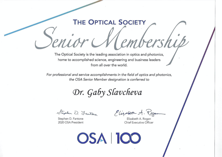 Dr Slavcheva has been honoured with a Senior OSA Membership