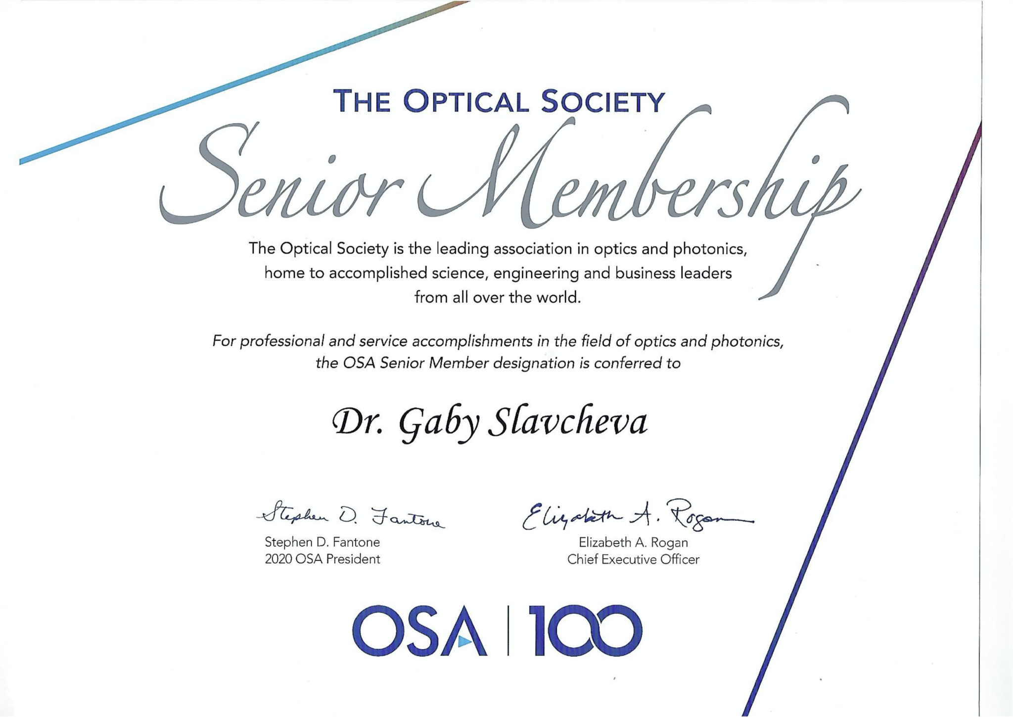 Read more about the article Dr Slavcheva has been honoured with a Senior OSA Membership